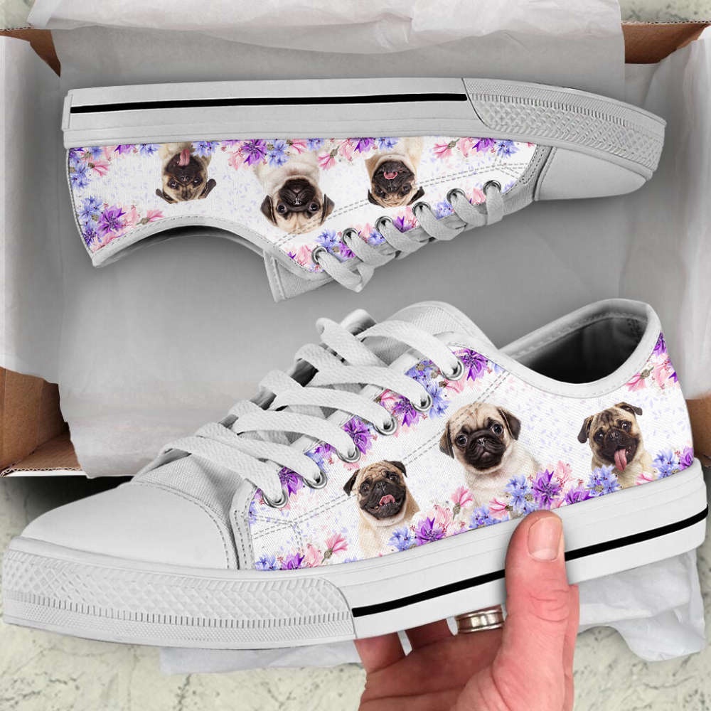 Pug Dog Purple Flower Low Top Shoes Canvas Sneakers Casual Shoes, Designer Low Top Shoes, Low Top Sneakers