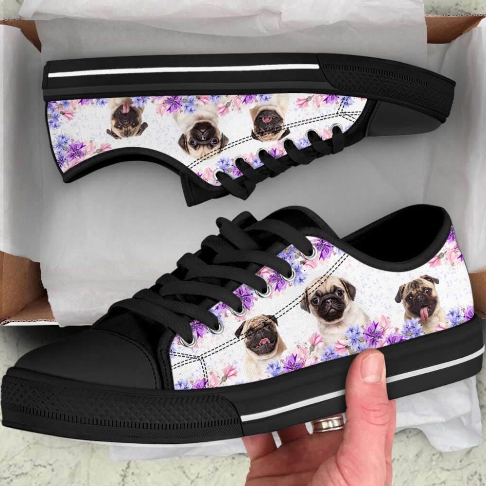 Pug Dog Purple Flower Low Top Shoes Canvas Sneakers Casual Shoes, Designer Low Top Shoes, Low Top Sneakers