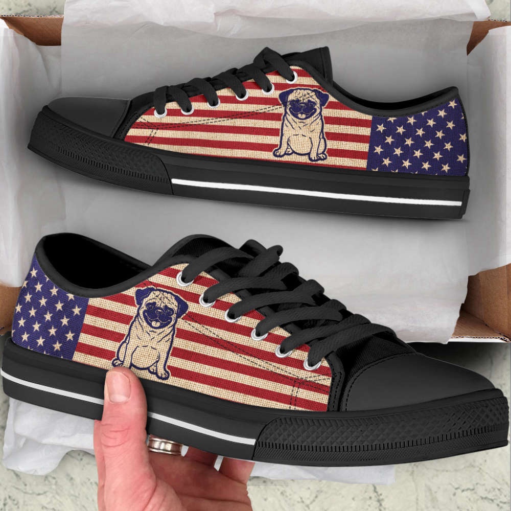 Pug Dog USA Flag Low Top Shoes Canvas Sneakers Casual Shoes, Designer Low Top Shoes, Low Top Sneakers Pug Dog USA Flag Low Top Shoes Canvas Sneakers Casual Shoes, Designer Low Top Shoes, Low Top Sneakers