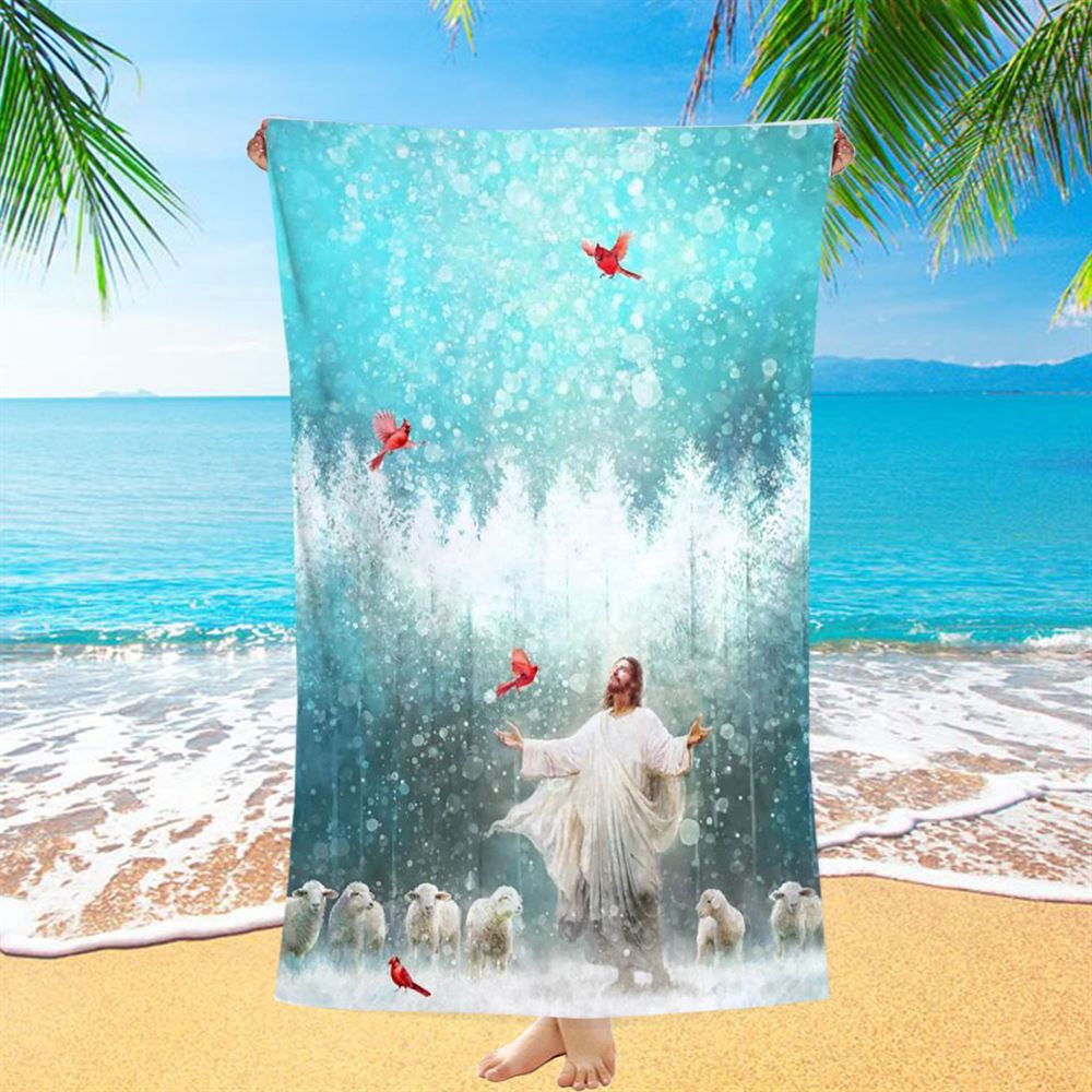 Radiance Jesus And Snow Cardinal Beach Towel, Christian Beach Towel, Beach Towel