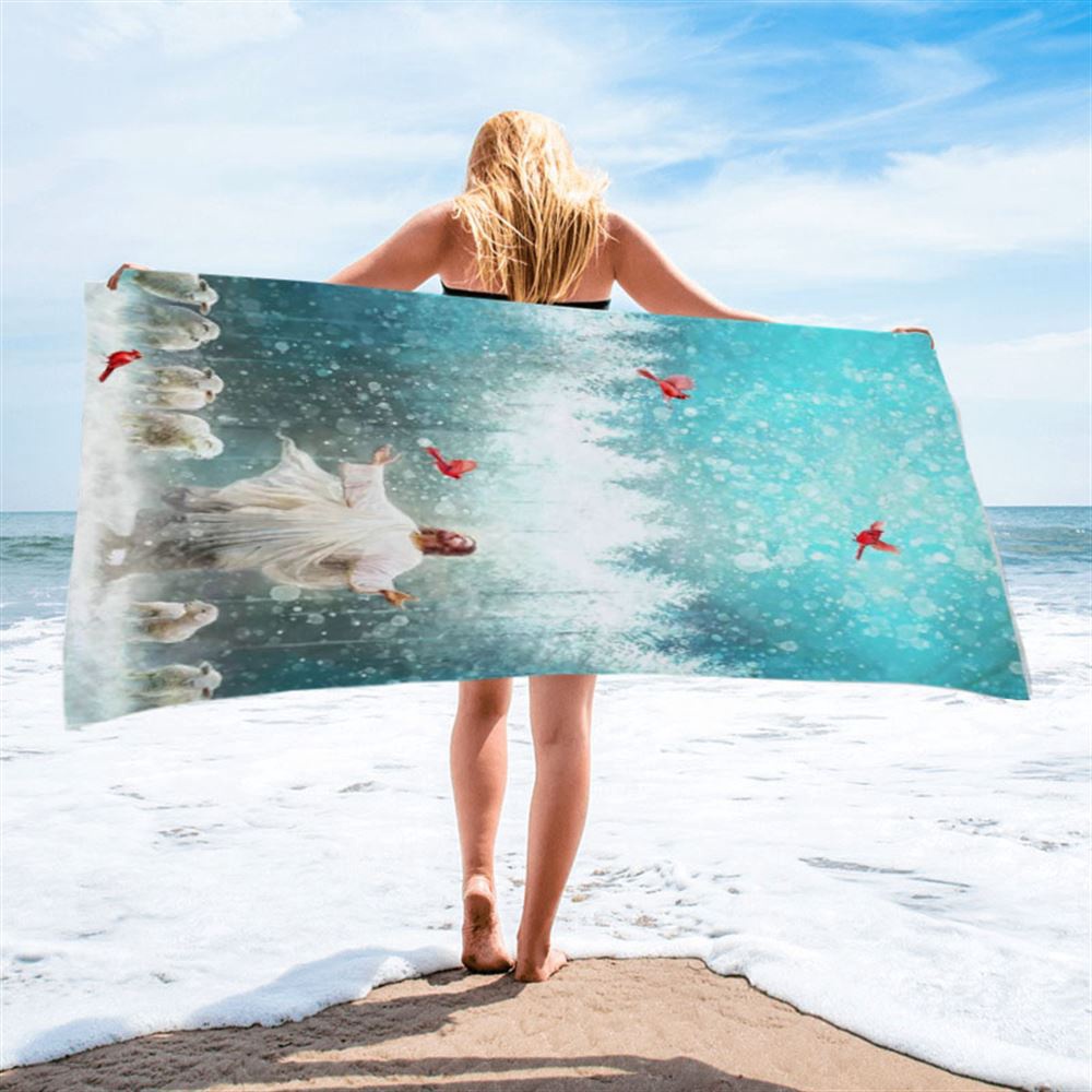 Radiance Jesus And Snow Cardinal Beach Towel, Christian Beach Towel, Beach Towel