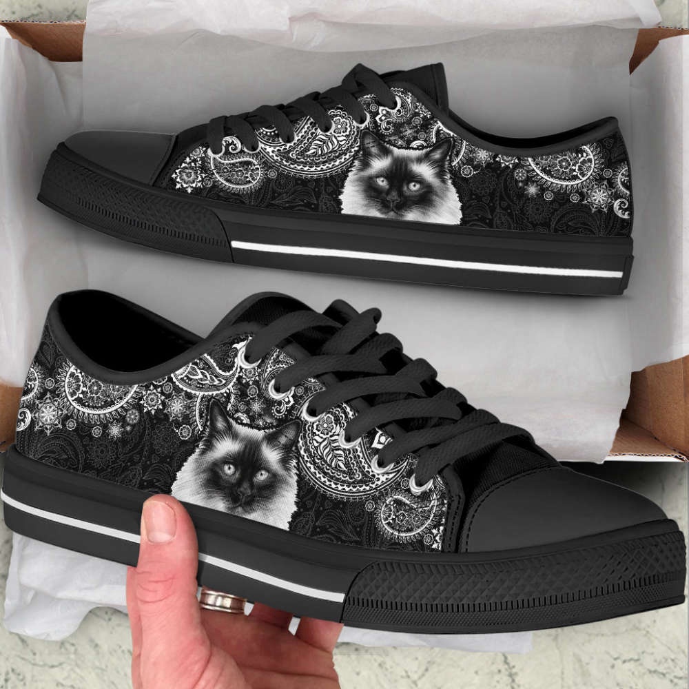 Ragdoll Cat Lover Shoes, Paisley Black White Low Top Canvas Shoes, Low Top Sneakers, Low Top Designer Shoes