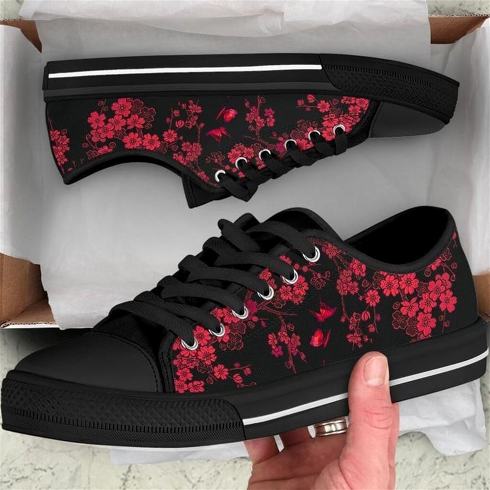 Red Cherry Blossom Low Top Shoes, Low Top Designer Shoes, Low Top Sneakers