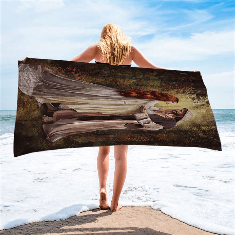 Red Head Women And Jesus In A Beautiful Forest Beach Towel, Christian Beach Towel, Beach Towel