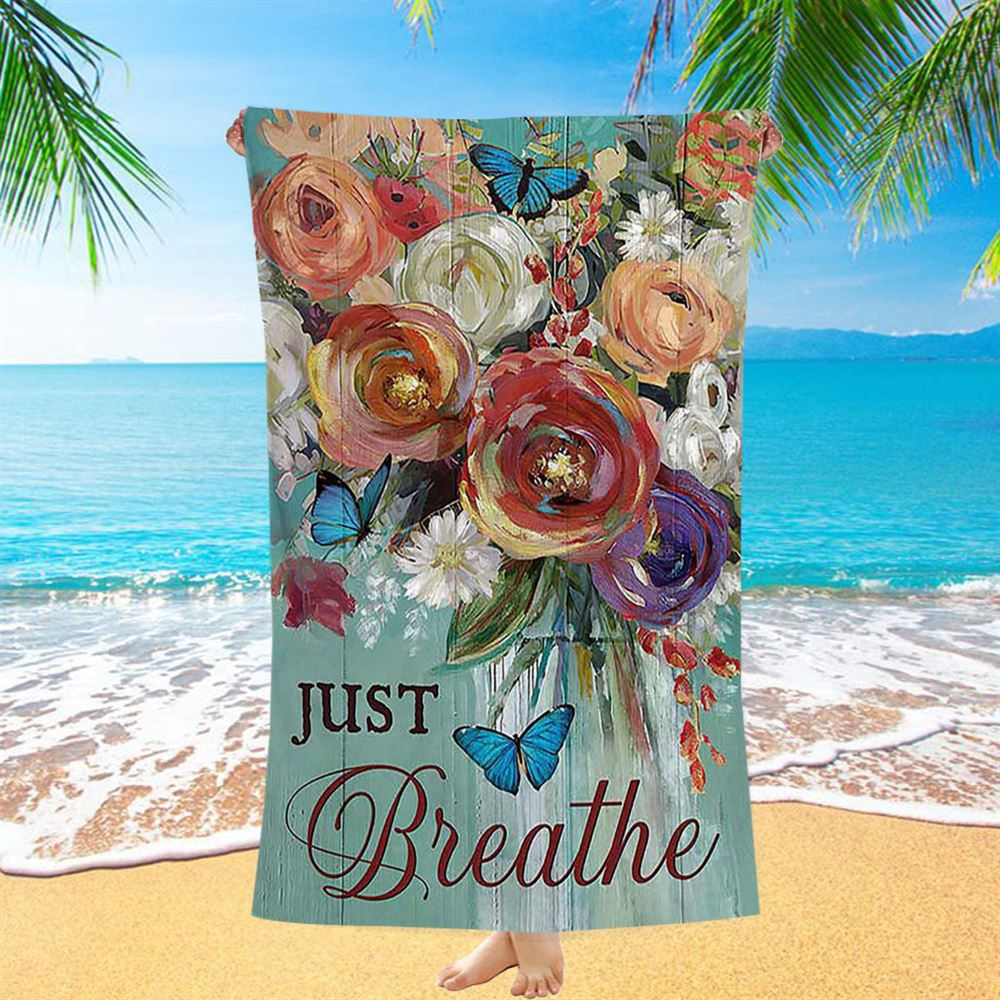 Red Rose Just Breathe Beach Towel, Christian Beach Towel, Beach Towel