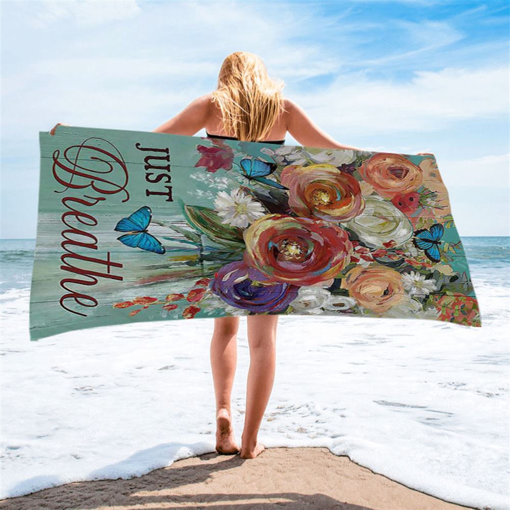 Red Rose Just Breathe Beach Towel, Christian Beach Towel, Beach Towel