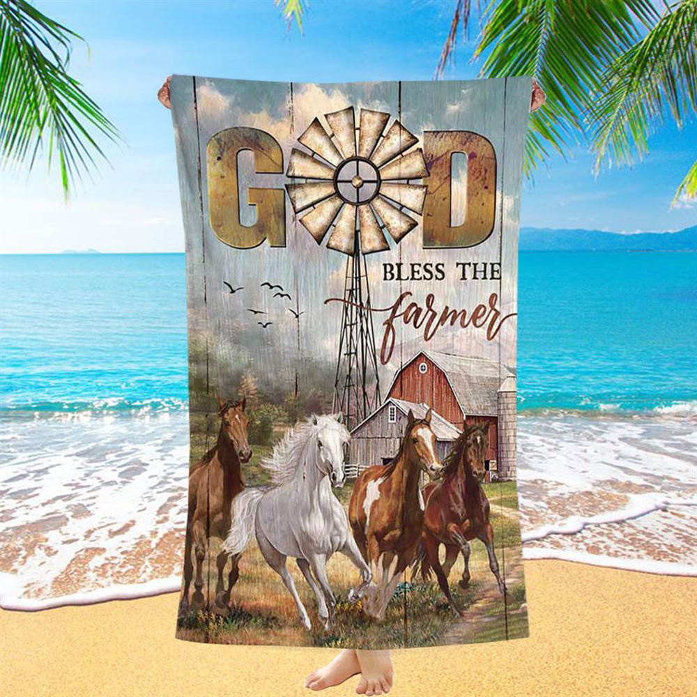 Running Horses God Bless The Farmer Beach Towel, Christian Beach Towel, Beach Towel
