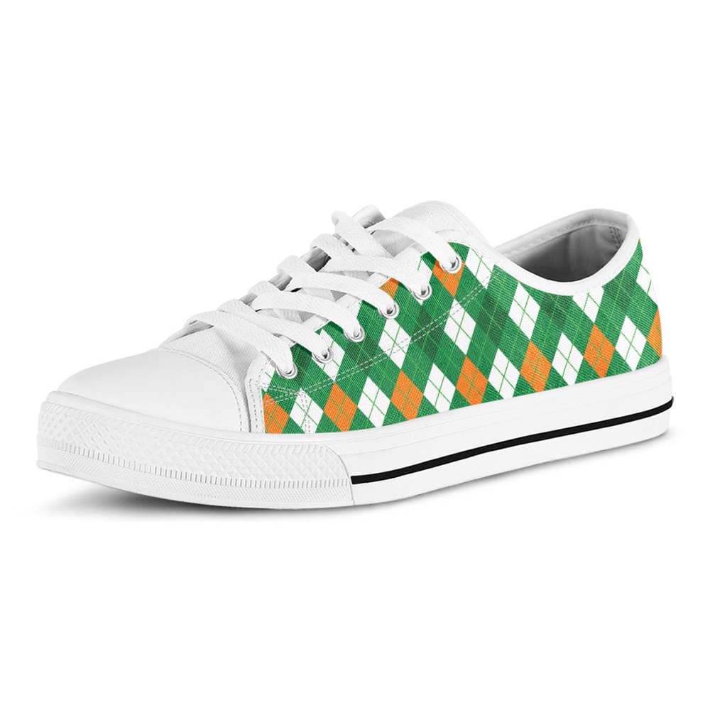Saint Patrick’s Day Argyle Pattern Print White Low Top Shoes, Low Top Designer Shoes, Low Top Sneakers