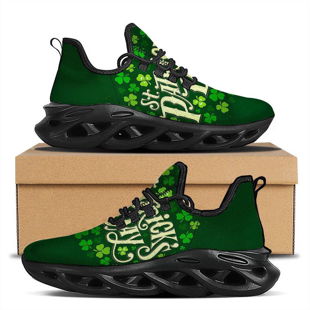 Saint Patrick’s Day Green Clover Print Black Running Shoes, Max Soul Sneakers, Max Soul Shoes