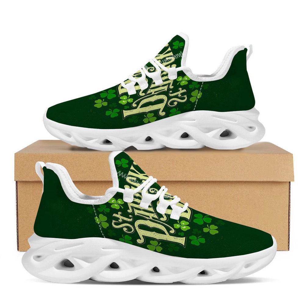 Saint Patrick’s Day Green Clover Print White Running Shoes, Max Soul Sneakers, Max Soul Shoes