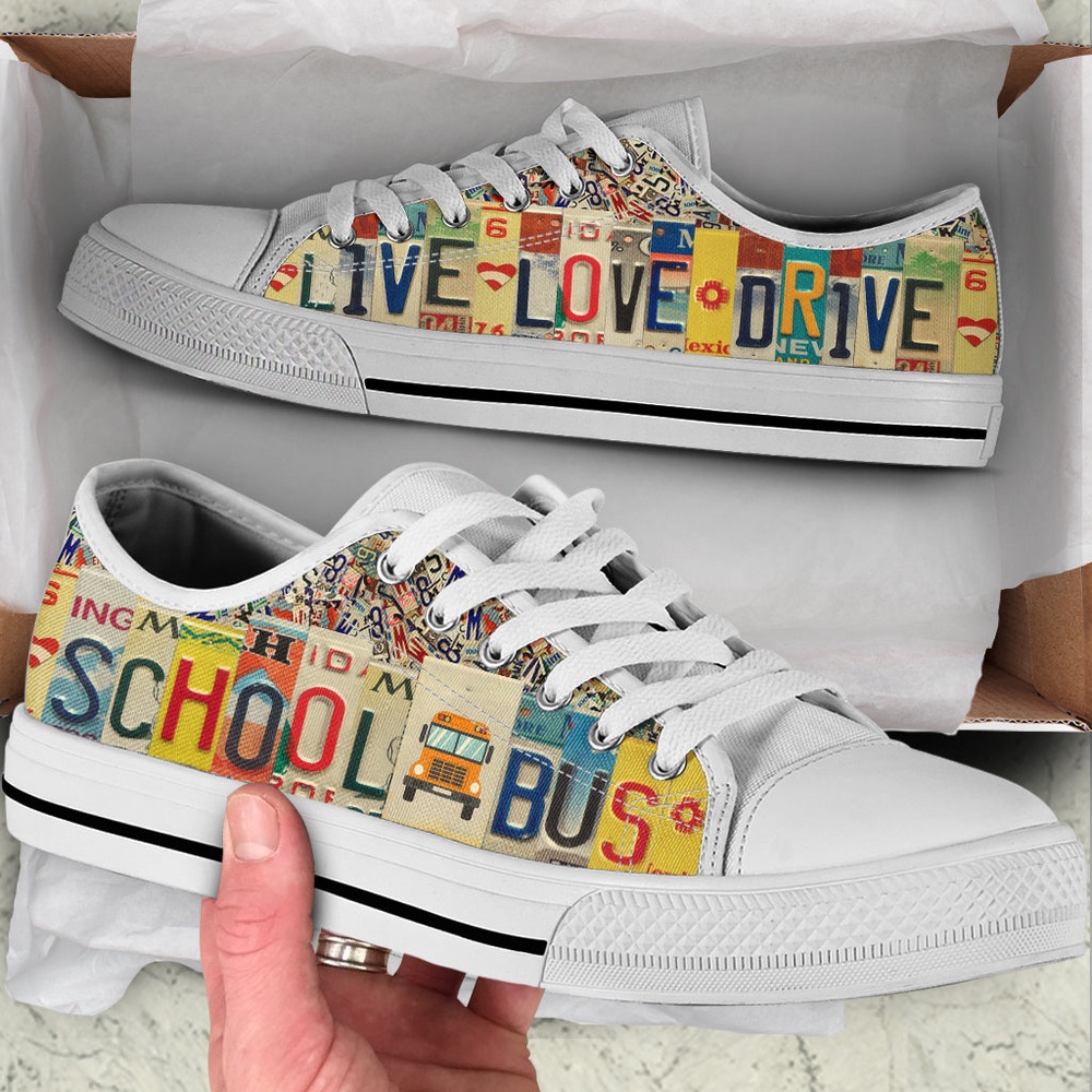 School Bus Live Love Drive License Plates Low Top Shoes Malalan, Low Top Designer Shoes, Low Top Sneakers