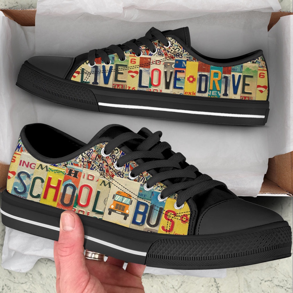 School Bus Live Love Drive License Plates Low Top Shoes Malalan, Low Top Designer Shoes, Low Top Sneakers