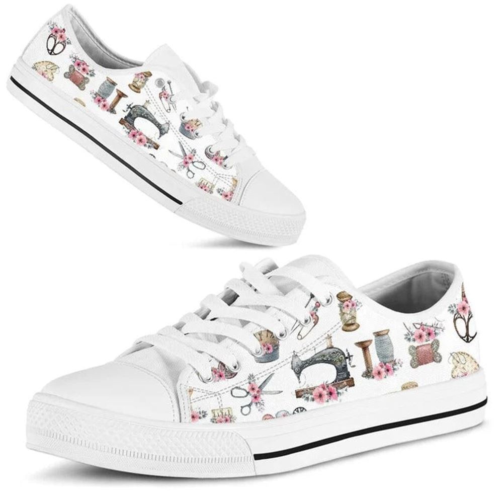 Sewing Flower Watercolor Low Top Shoes, Low Top Designer Shoes, Low Top Sneakers
