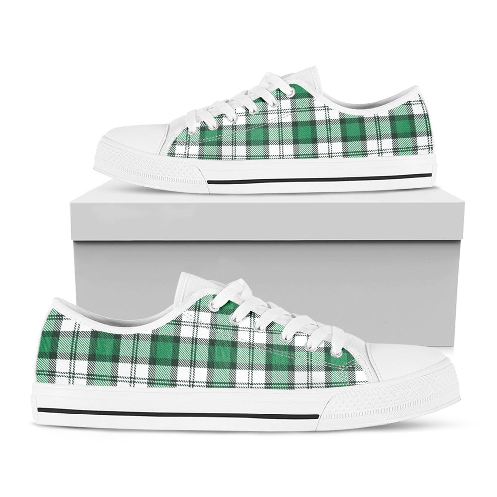 Shamrock St. Patrick’s Day Tartan Print White Low Top Shoes, Low Top Designer Shoes, Low Top Sneakers