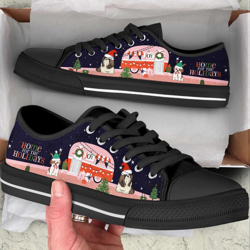 Shih Tzu Dog Christmas Car Happy Low Top Shoes Canvas Sneakers, Designer Low Top Shoes, Low Top Sneakers