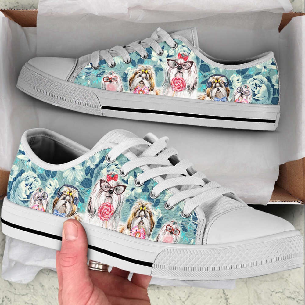 Shih Tzu Dog Flowers Pattern Low Top Shoes Canvas Sneakers Casual Shoes, Designer Low Top Shoes, Low Top Sneakers