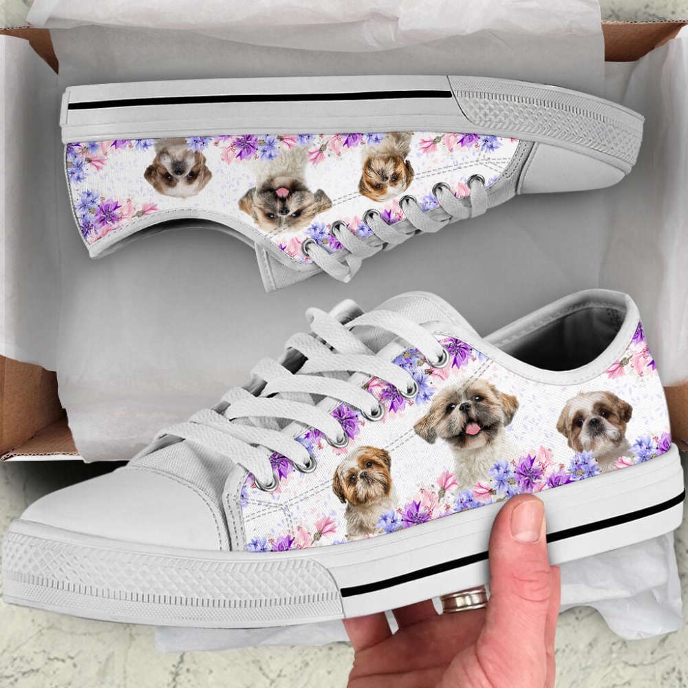 Shih Tzu Dog Purple Flower Version 2 Low Top Shoes Canvas Sneakers, Designer Low Top Shoes, Low Top Sneakers