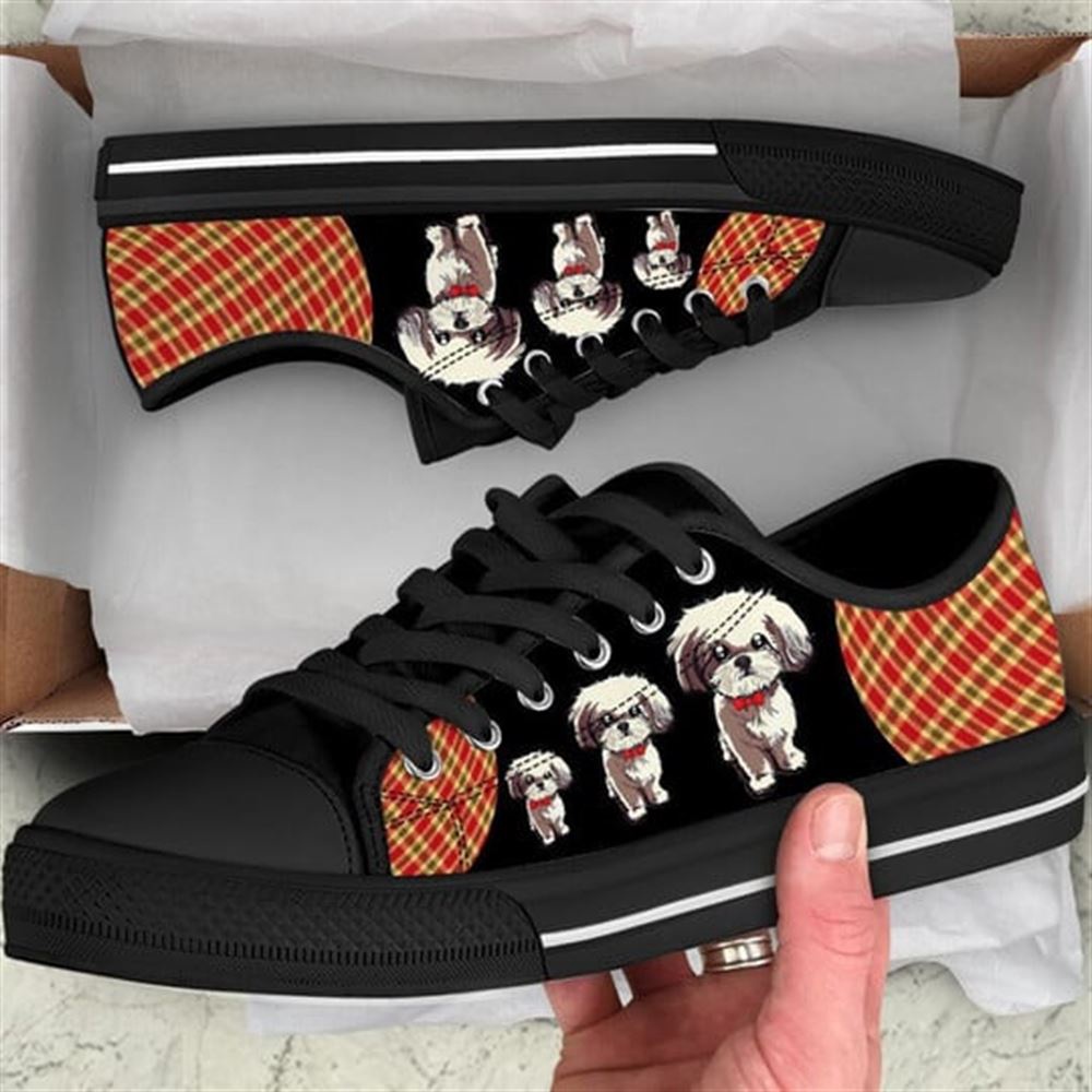 Shih Tzu Dog Red Black Tan Plaid Canvas Low Top Shoes, Designer Low Top Shoes, Low Top Sneakers