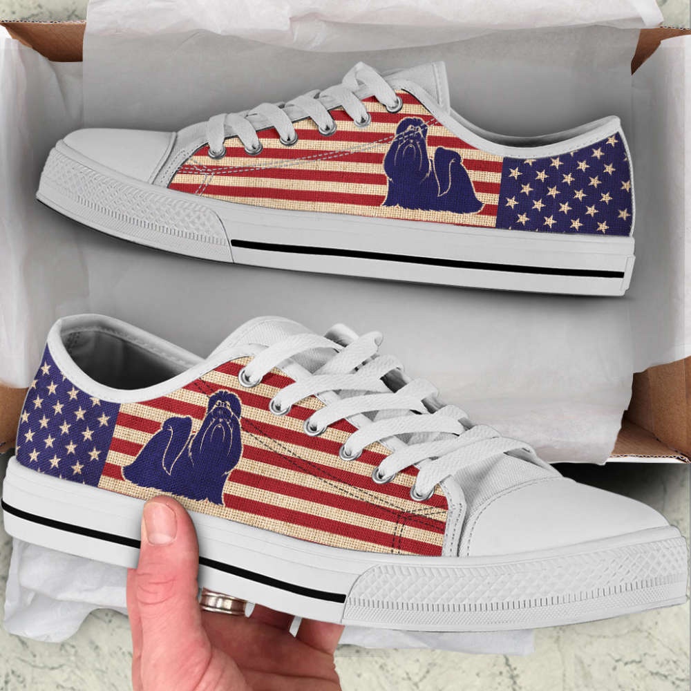 Shih Tzu Dog USA Flag Low Top Shoes Canvas Sneakers Casual Shoes, Designer Low Top Shoes, Low Top Sneakers