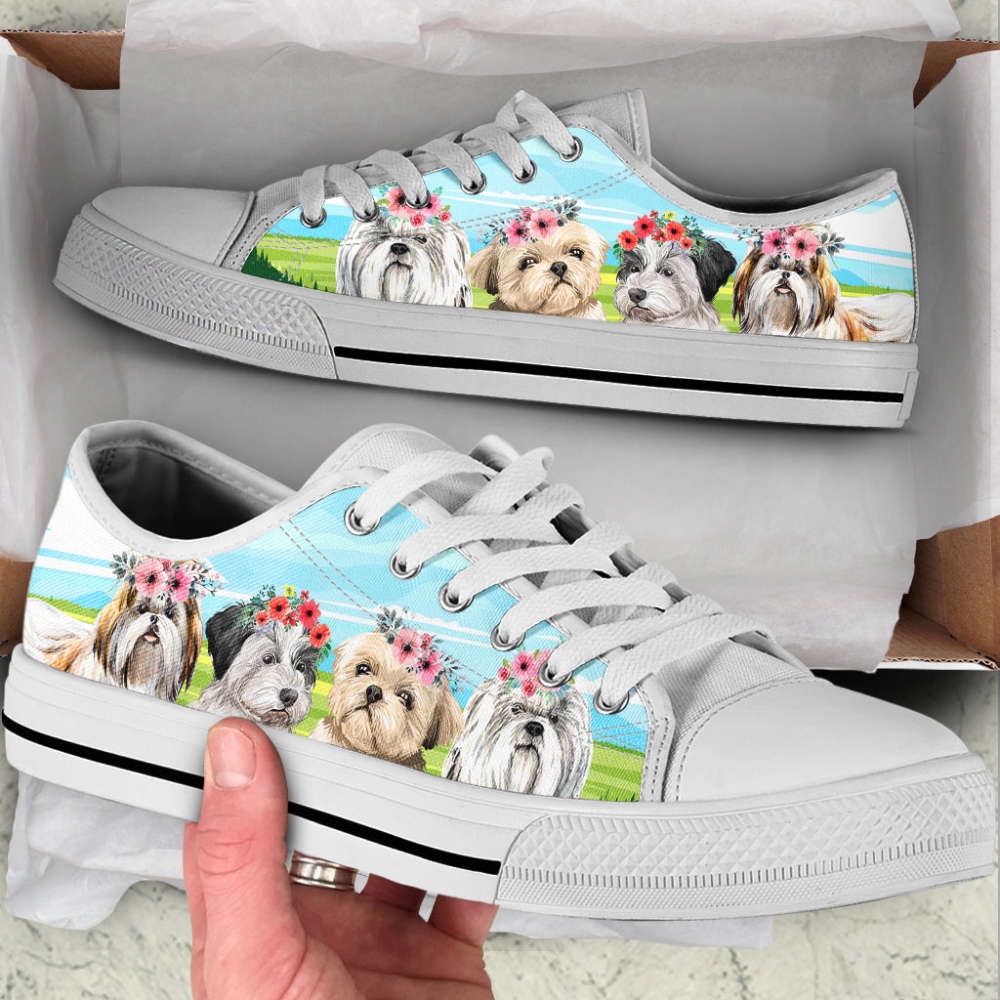 Shih Tzu Floral Wreath Low Top Shoes Canvas Sneakers Casual Shoes, Designer Low Top Shoes, Low Top Sneakers