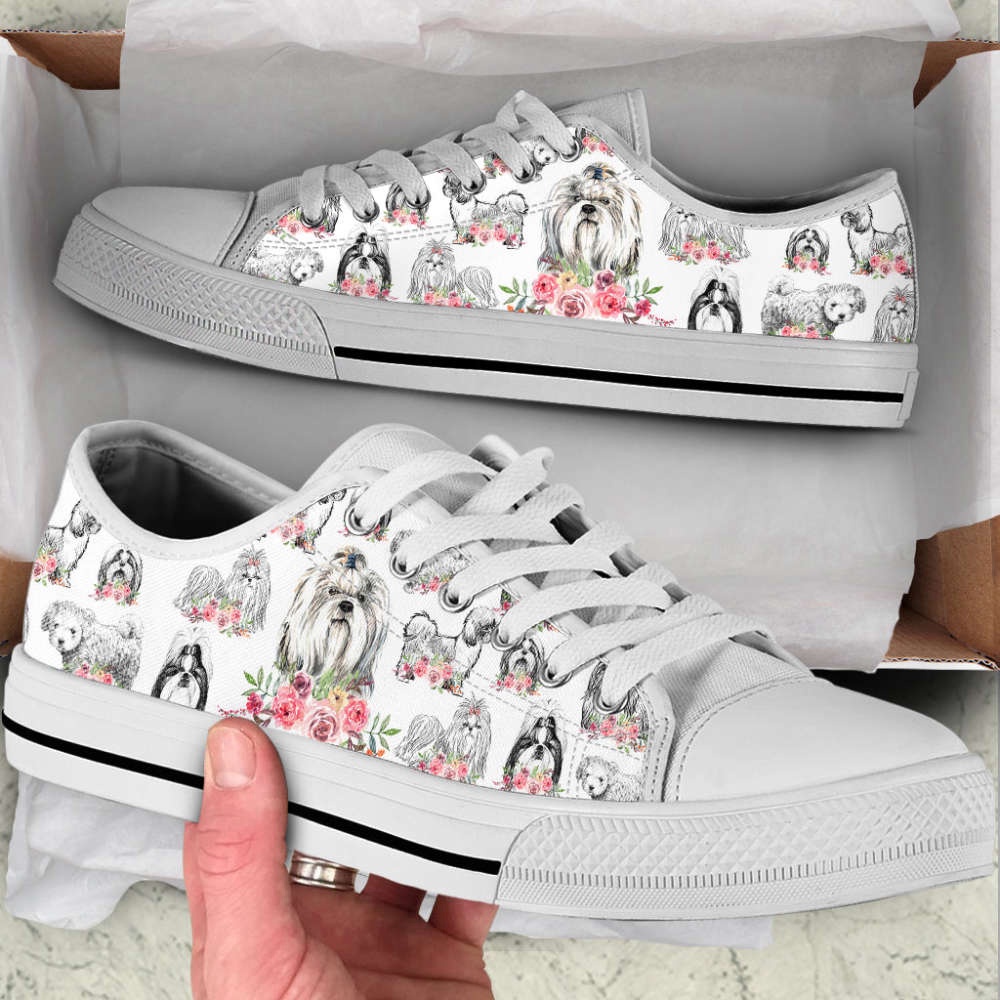 Shihtzu Dog Watercolor Flower Low Top Shoes Canvas Sneakers, Designer Low Top Shoes, Low Top Sneakers