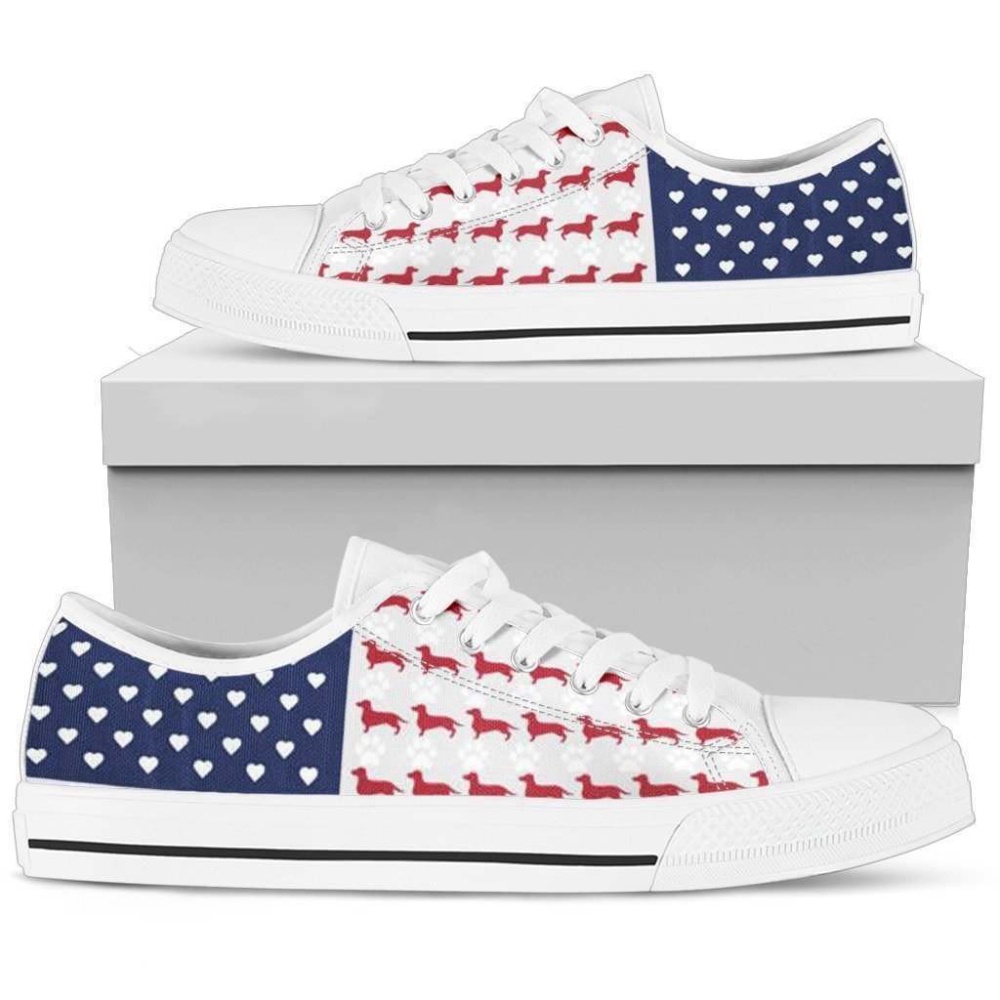 Show Your Patriotism with Dachshund US Flag Women’s Low Top Shoes, Low Top Designer Shoes, Low Top Sneakers