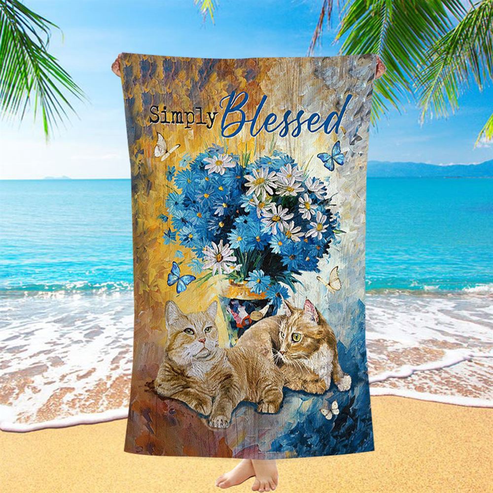 Simply Blessed Blue Daisy Flowers Fluffy Cats Beach Towel, Christian Beach Towel, Beach Towel