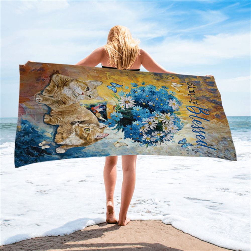 Simply Blessed Blue Daisy Flowers Fluffy Cats Beach Towel, Christian Beach Towel, Beach Towel