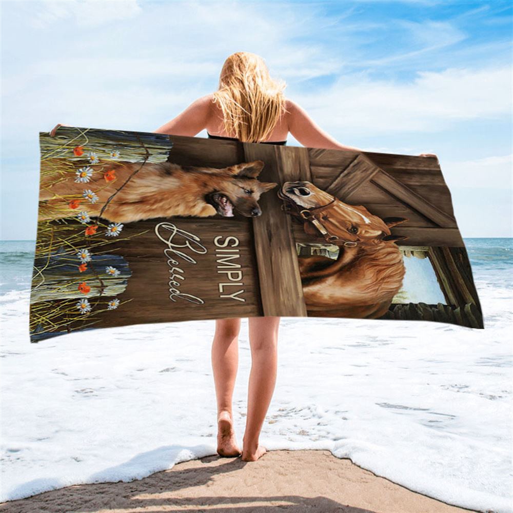 Simply Blessed Horse German Shepherd Beach Towel, Christian Beach Towel, Beach Towel