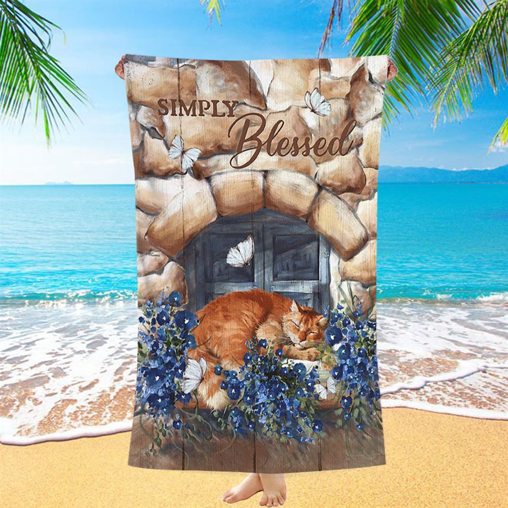 Simply Blessed Sleeping Cat Stone Wall Beach Towel, Christian Beach Towel, Beach Towel