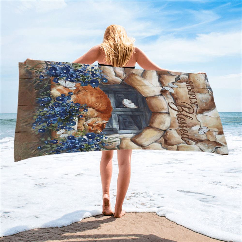 Simply Blessed Sleeping Cat Stone Wall Beach Towel, Christian Beach Towel, Beach Towel