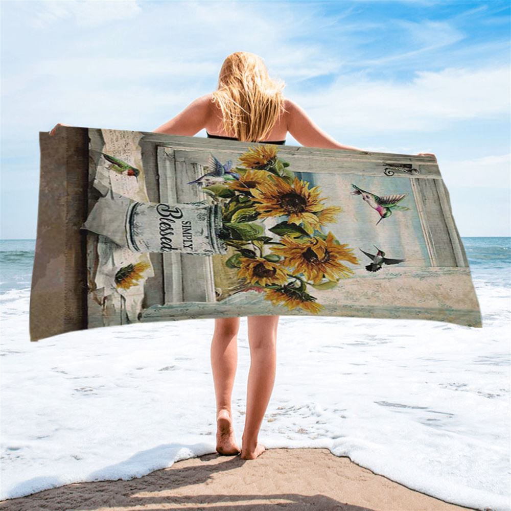 Simply Blessed Sunflower Hummingbird Beach Towel, Christian Beach Towel, Beach Towel