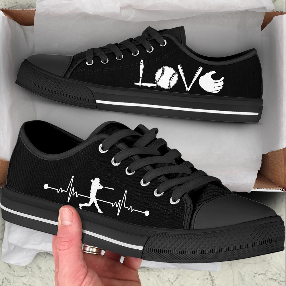 Softball Love Heartbeat Black Low Top Shoes, Low Top Sneakers, Sneakers Low Top