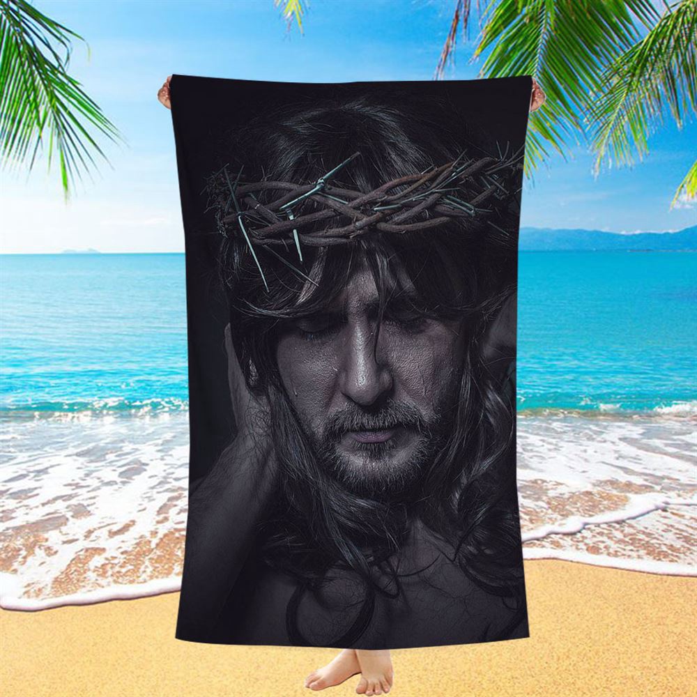 Spiritual Jesus Christ With Crown Of Thorns Beach Towel, Christian Beach Towel, Beach Towel