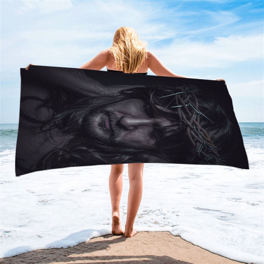 Spiritual Jesus Christ With Crown Of Thorns Beach Towel, Christian Beach Towel, Beach Towel