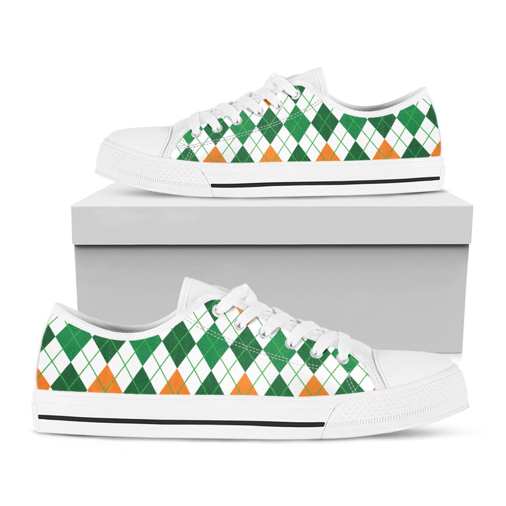 St Patrick’s Day Argyle Pattern Print White Low Top Shoes, Low Top Designer Shoes, Low Top Sneakers