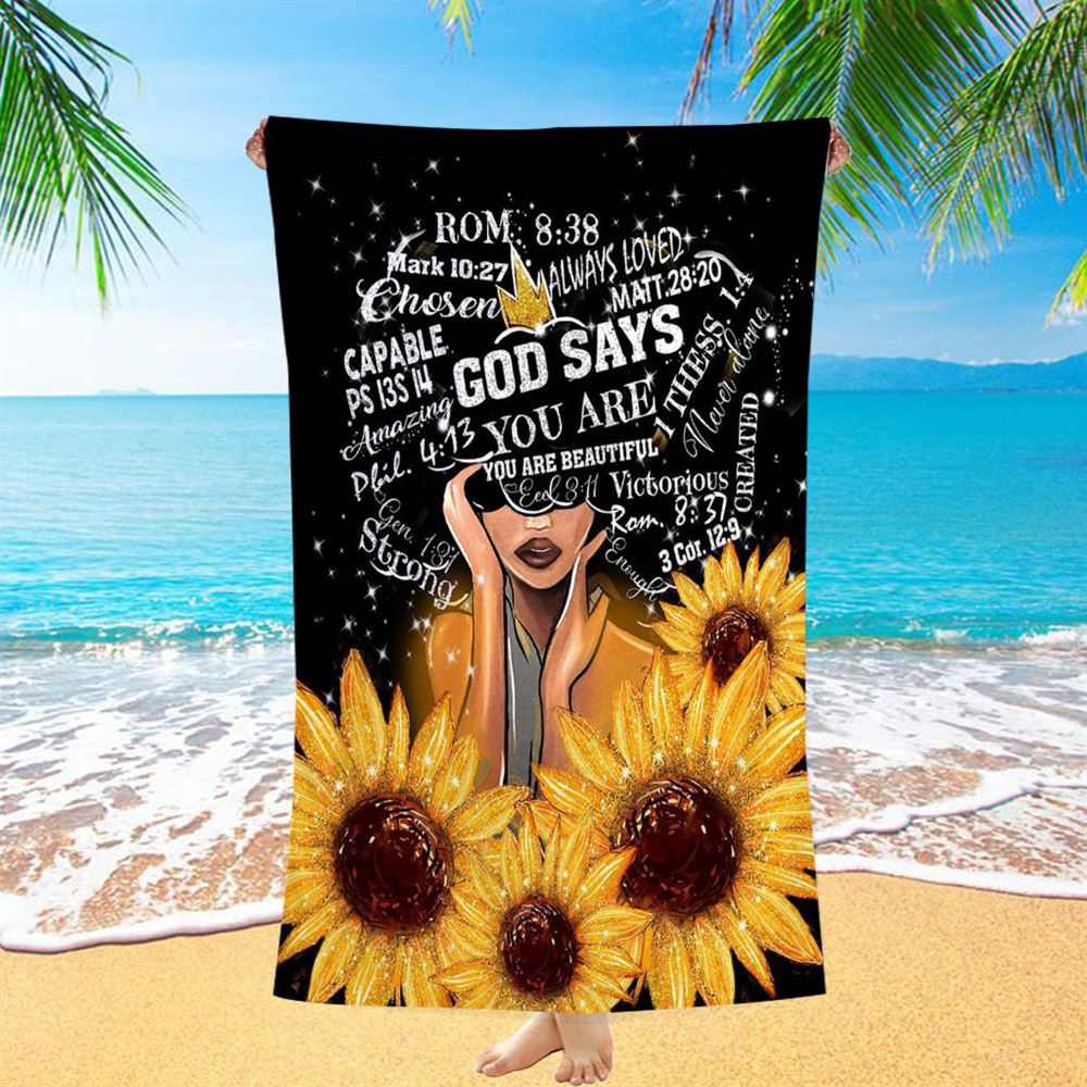 Sunflower Black Girl Beach Towel, God Says You Are Sunflower Beach Towel, Christian Beach Towel, Beach Towel