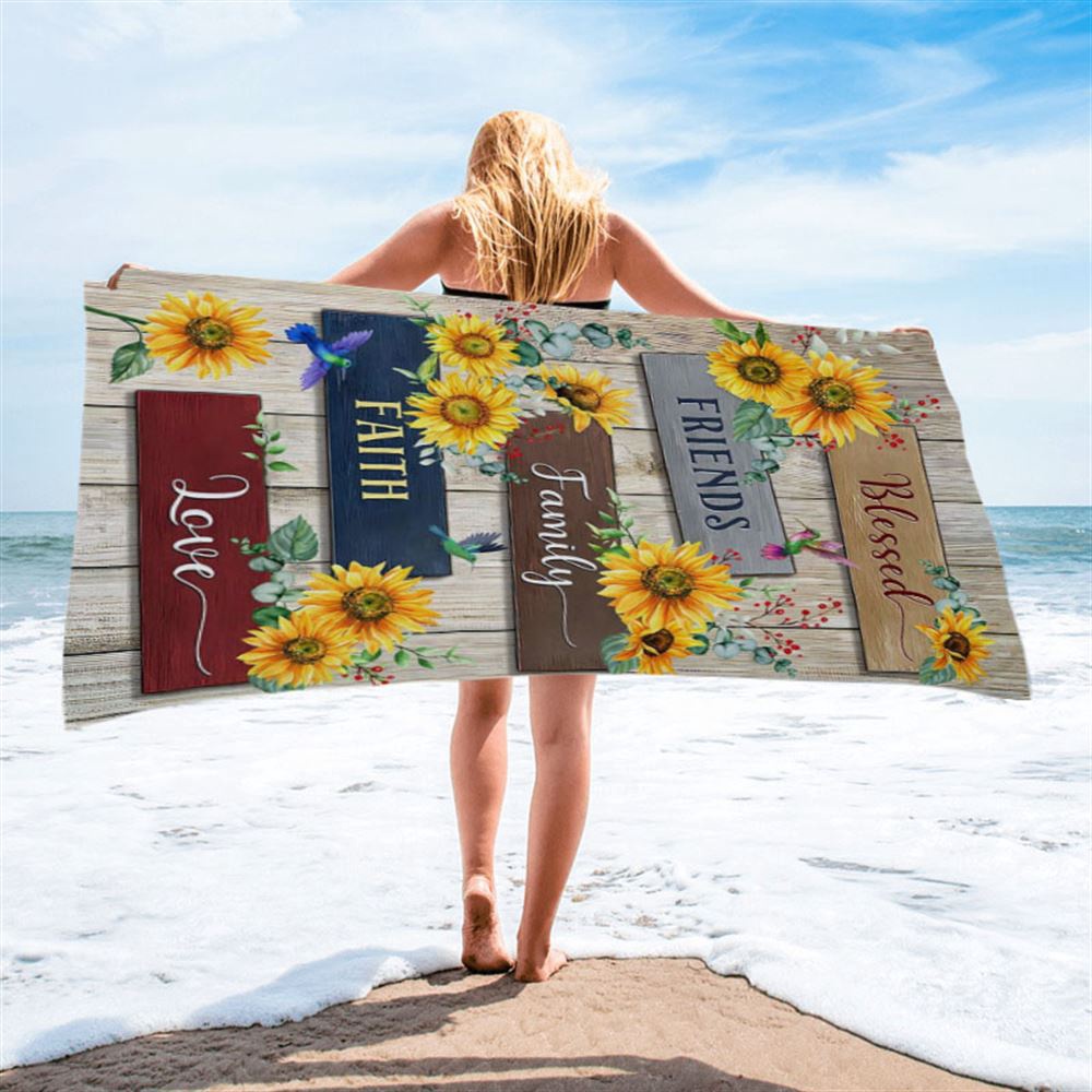 Sunflower Blessed Friends Family Faith Love Beach Towel, Christian Beach Towel, Beach Towel