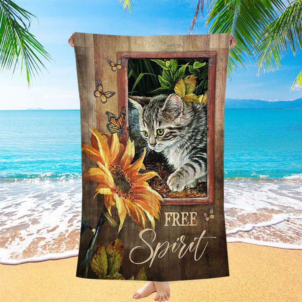 Sunflower Butterfly Cat Free Spirit Beach Towel, Christian Beach Towel, Beach Towel Sunflower Butterfly Cat Free Spirit Beach Towel, Christian Beach Towel, Beach Towel