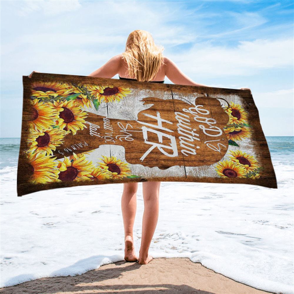 Sunflower Shadow Girl God Is Within Her She Will Not Fail Beach Towel, Christian Beach Towel, Beach Towel