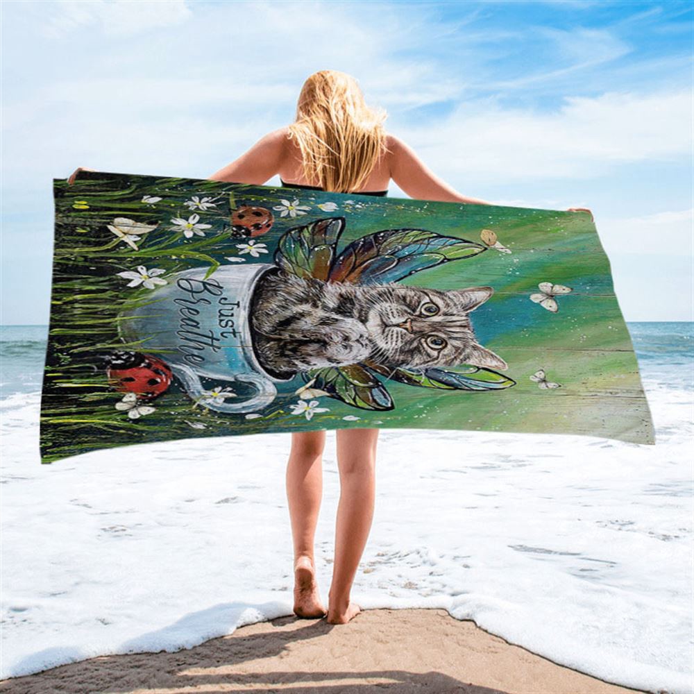 Tabby Cat Just Breathe Beach Towel, Gift For Cat Lover, Christian Beach Towel, Beach Towel
