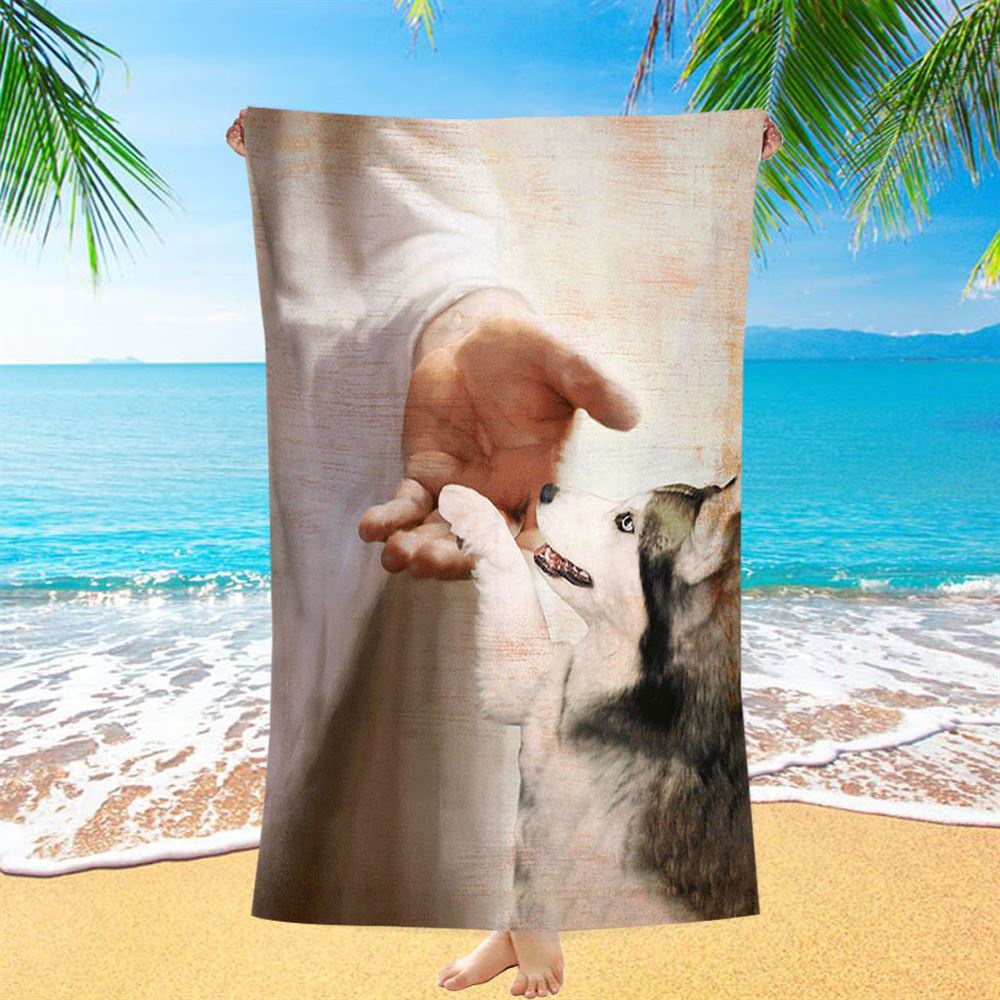 Take My Hand Jesus Siberian Husky Dog Beach Towel, Christian Beach Towel, Beach Towel
