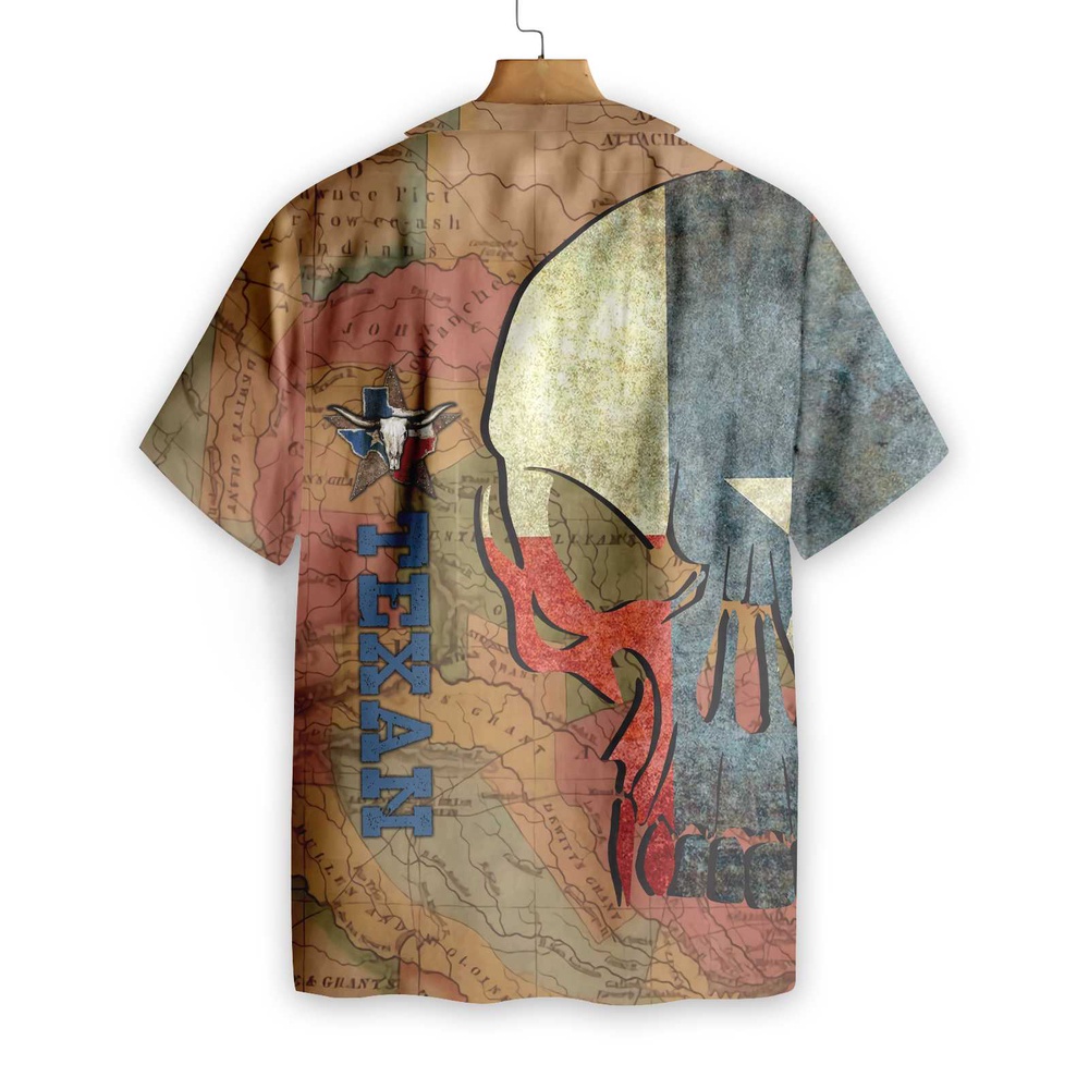 Texan And Skull Map And Flag Pattern Texas Hawaiian Shirt, Texas Hawaii Shirt, Texas Shirt