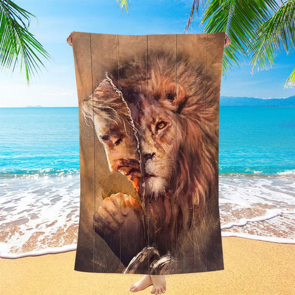 The Face Lion And Jesus Prays Beach Towel, Christian Beach Towel, Beach Towel