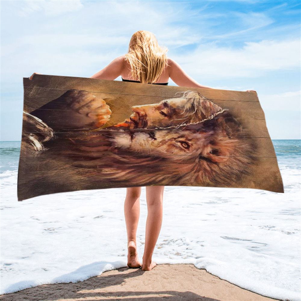 The Face Lion And Jesus Prays Beach Towel, Christian Beach Towel, Beach Towel