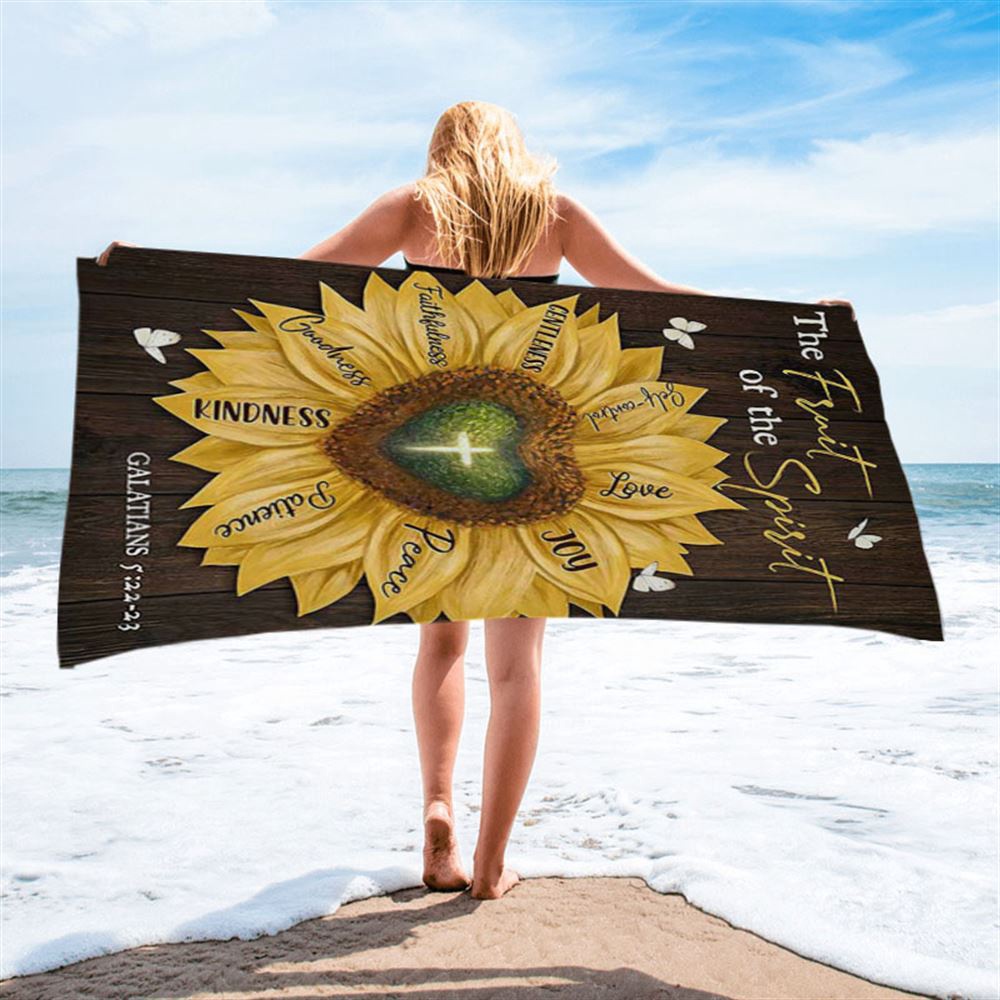 The Fruit Of The Spirit Sunflower Heart Shape Cross Beach Towel, Christian Beach Towel, Beach Towel