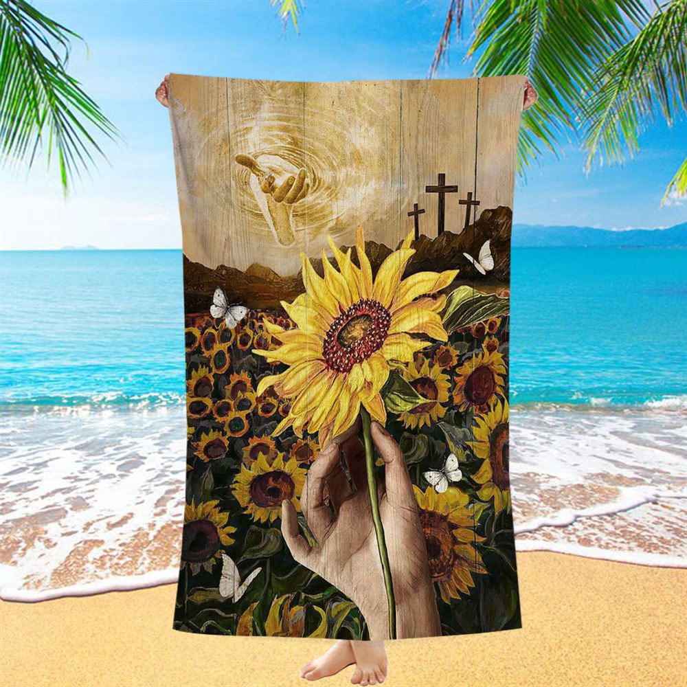The Hand Of God Sunflower Field White Butterfly Beach Towel, Christian Beach Towel, Beach Towel