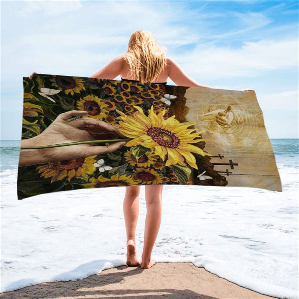 The Hand Of God Sunflower Field White Butterfly Beach Towel, Christian Beach Towel, Beach Towel