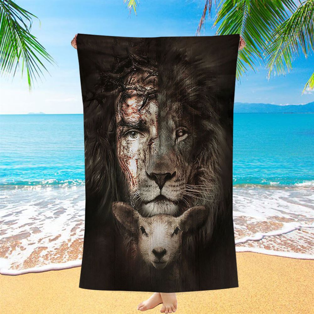 The Lion Of Judah And Lamb Beach Towel, Christian Beach Towel, Beach Towel