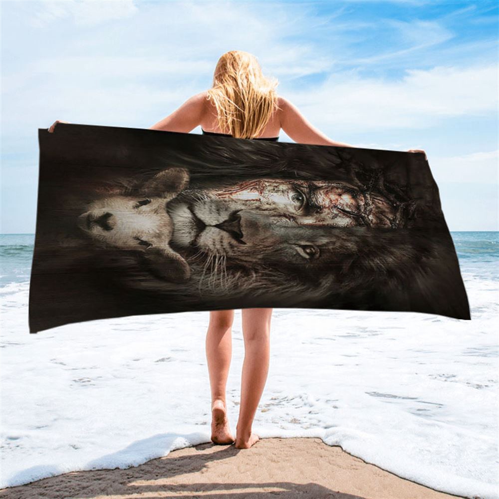 The Lion Of Judah And Lamb Beach Towel, Christian Beach Towel, Beach Towel